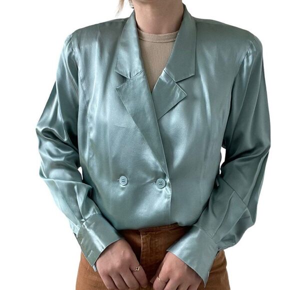 Vintage 80s Womens Blue Double Breasted 100% Silk Preppy Sexy Blouse Sz L - Picture 5 of 13